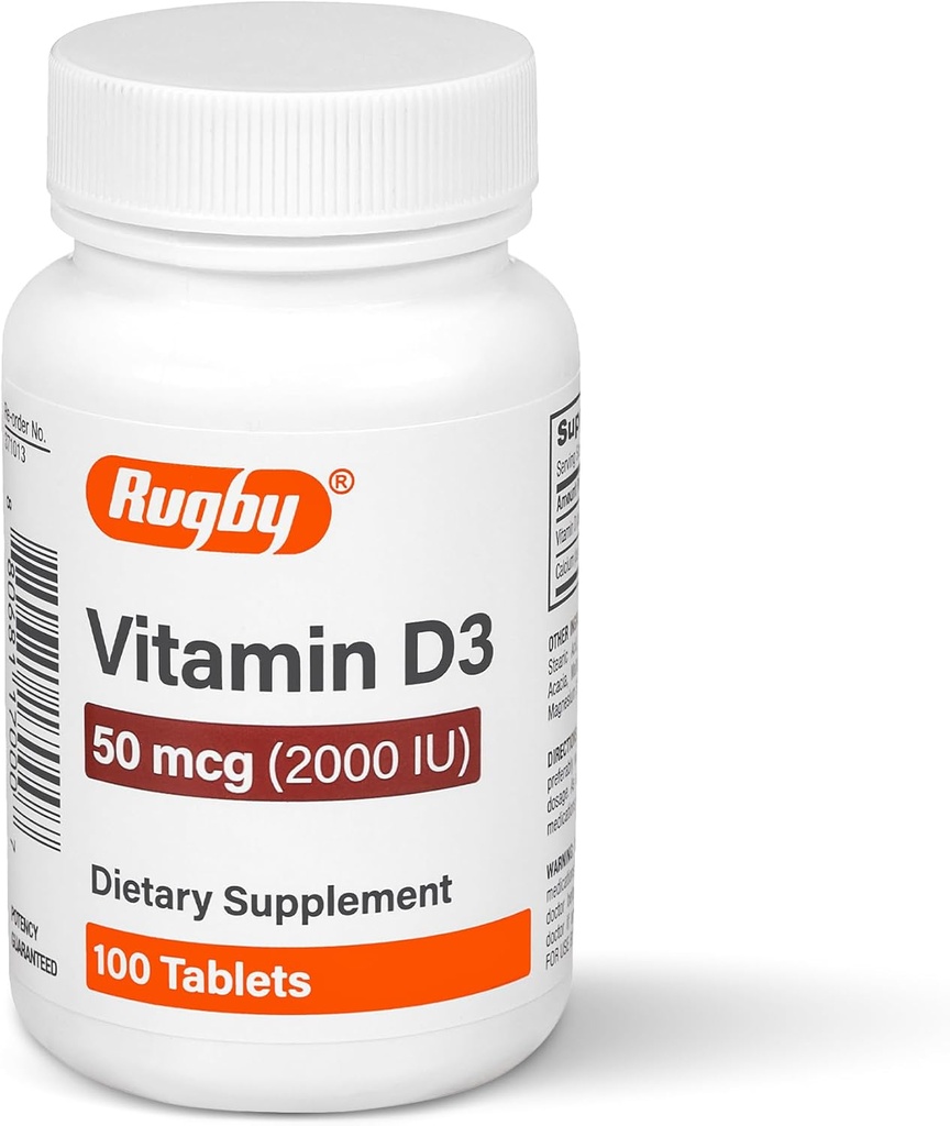 Rugby Vitamin D3 2000 IU (50 mcg) - Gluten-Free Daily Vitamin D Dietary Supplement for Bone, Teeth, and Immune Health 100 Tablets