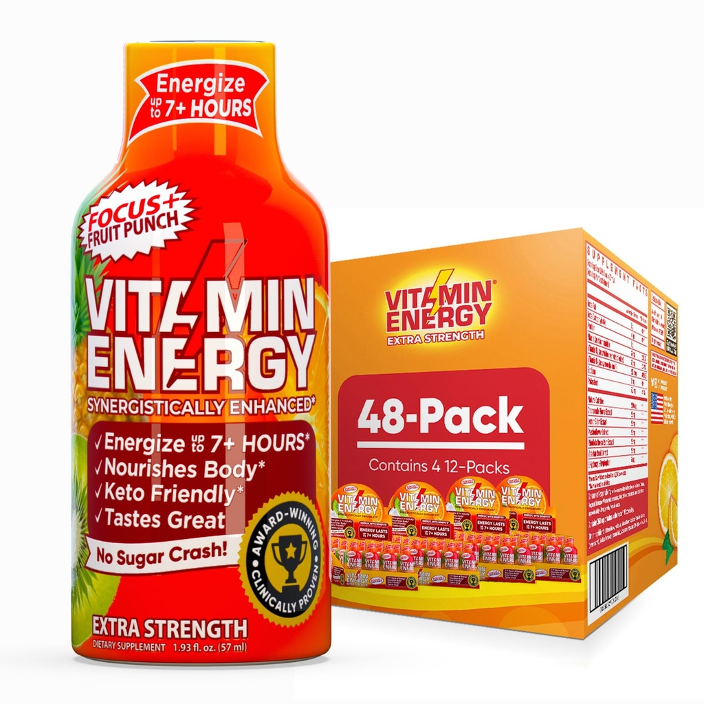 ビタミン エネルギー焦点+ の余分強さのエネルギー打撃のフルーツの穿孔器 48 のパック、260mg 自然なカフェイン、B ビタミン、CoQ10、アミノ酸、焦点、生産性及び明白、ゼロ砂糖、グルテンフリー、1.73 の fl oz