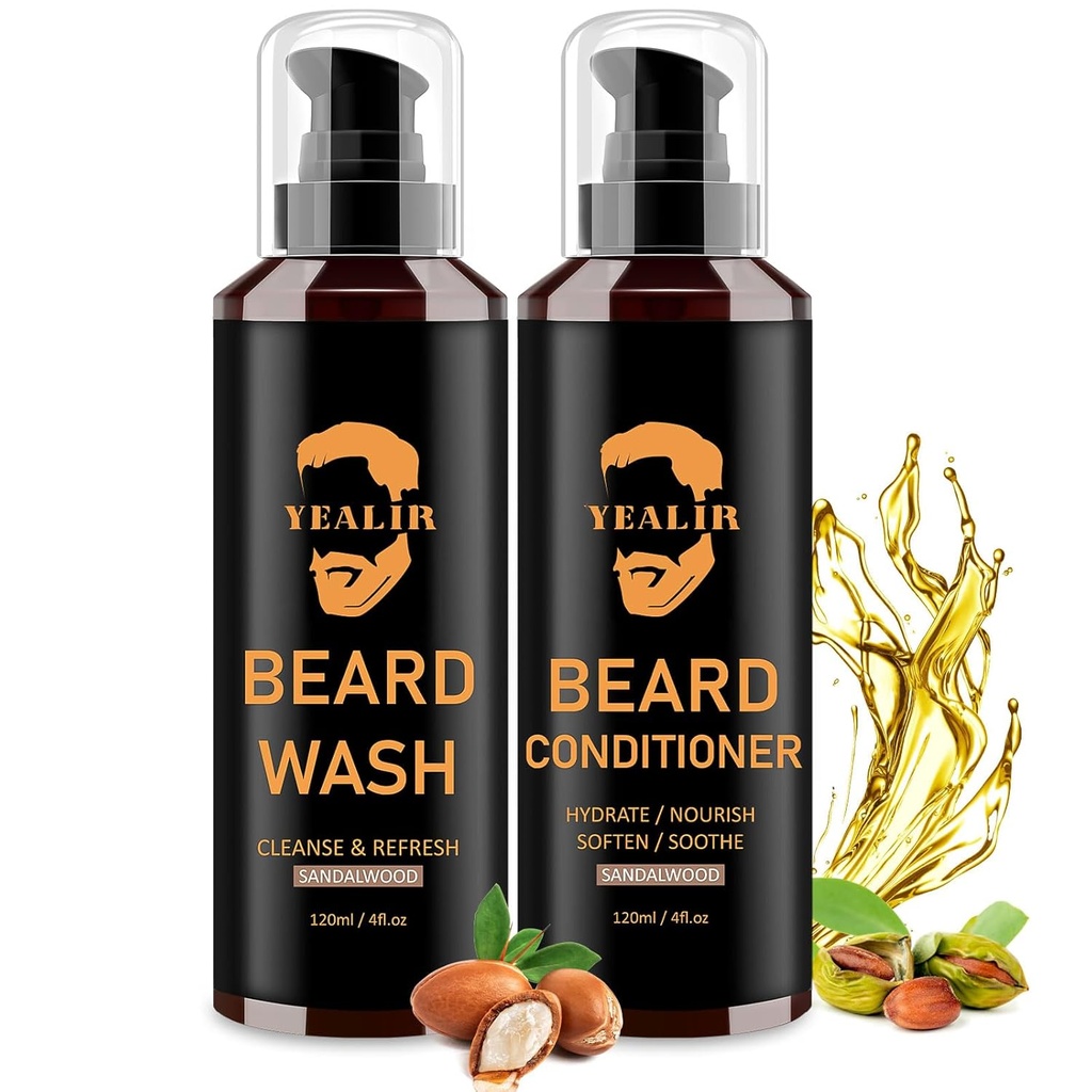 Beard Wash & Conditioner for Men - Soften & Hydrate with Argan & Jojoba Oil - Controls Dandruff & Itching for a Fresh, Smooth & Tangle-Free Beard - 2-Pack (4oz Each)