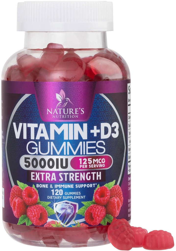ビタミンD3サプリメントガミー5000 IU(125 mcg) 男性と女性のためのビタミンD - 骨、歯、筋肉、免疫の健康サポート、高効力VIT D3自然非GMO&グルテンフリー - 120グミ
