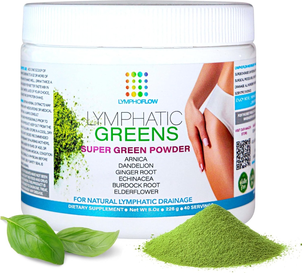Bruizex Lymphatic Greens: リンパ節減のためのスーパーフードパウダーサプリメント & リンパサポートI Post Liposuction, BBL, Lipedema, マッサージI ファジャで動作します, リポフォーム, マッサージャ, オイルIビーガンI 8 Oz