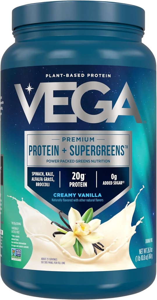 Vega Premium Protein + Supergreens - 20g タンパク質、クリーミーバニラ、25 サービング、ほうれん草、ケール、アルファルファグラス、ブロッコリー、0g 砂糖、非GMO、グルテンフリー、乳製品無料、1.68 lbs (パッケージ 5 月 Vary)