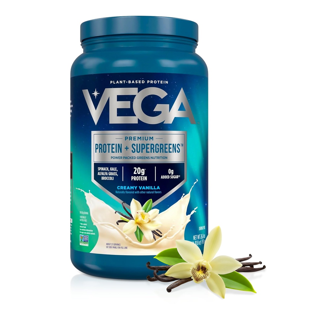 Vega Premium Protein + Supergreens - 20g タンパク質、クリーミーバニラ、25 サービング、ほうれん草、ケール、アルファルファグラス、ブロッコリー、0g 砂糖、非GMO、グルテンフリー、乳製品無料、1.68 lbs (パッケージ 5 月 Vary)