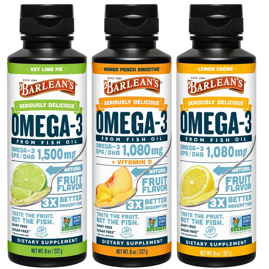 Barlean's Omega 3 魚油の液体の補足 3 層の男性および女性、EPA および DHA の脂肪酸のための変化のパックは、キーのライム パイ、レモン クリームおよびマンゴのピーチの味、8 oz を含んでいます