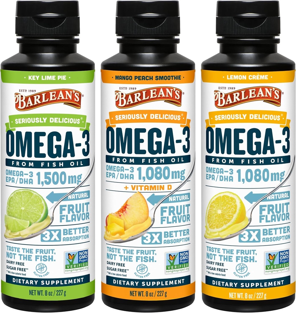 Barlean's Omega 3 魚油の液体の補足 3 層の男性および女性、EPA および DHA の脂肪酸のための変化のパックは、キーのライム パイ、レモン クリームおよびマンゴのピーチの味、8 oz を含んでいます