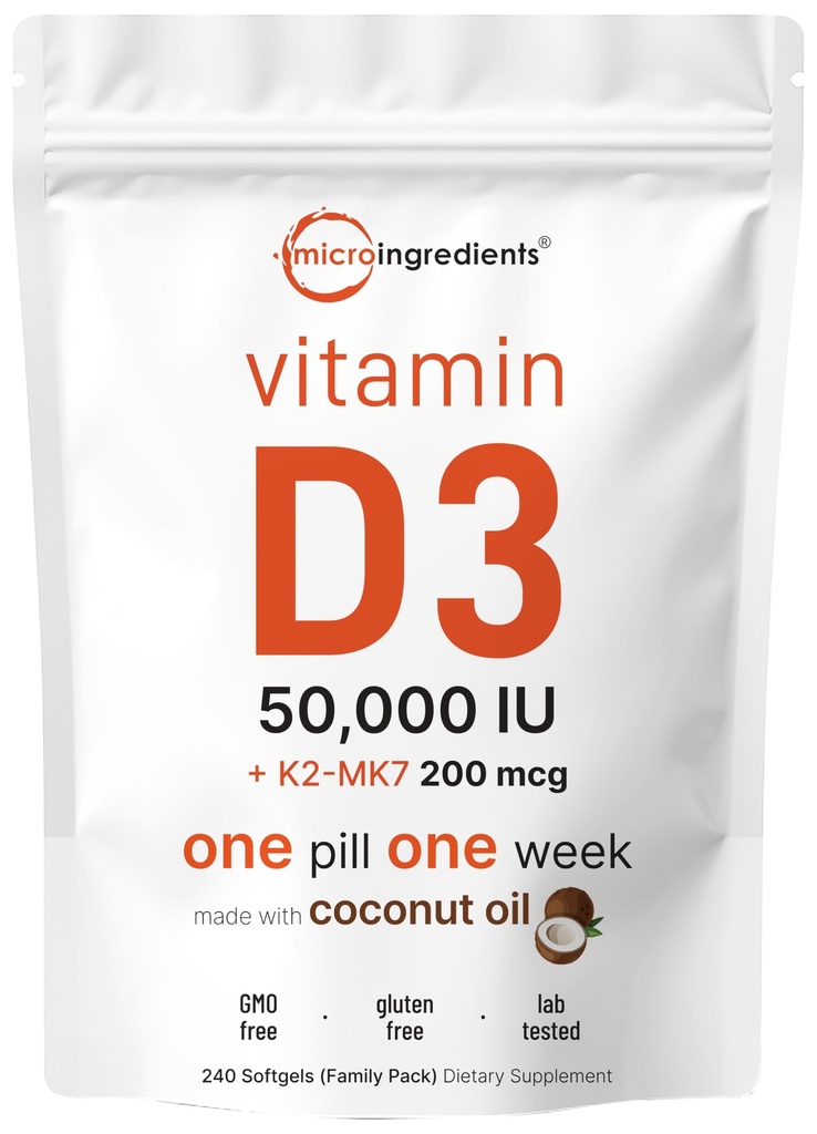 マイクロ成分 ビタミンD3 50,000 IU + K2 MK-7 200 mcg、240 Softgels | バージンココナッツオイル | 2-in-1骨、免疫&ハートサポート | 飲みやすい、非GMO