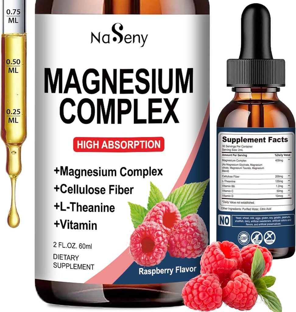 マグネシウムのコンプレックスの補足、マグネシウムのGlycinateの400mg、女性および人のための無光沢及びクエン酸塩のビタミンのブレンド、高吸収性-弛緩のための、よい睡眠及び神経の健康(60ML/Raspberry)