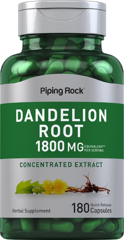 パイピングロックダンデリオンルートカプセル | 1800mg | 180カウント | ハーブサプリメント | 濃縮エキス | グルテンフリー・非GMO