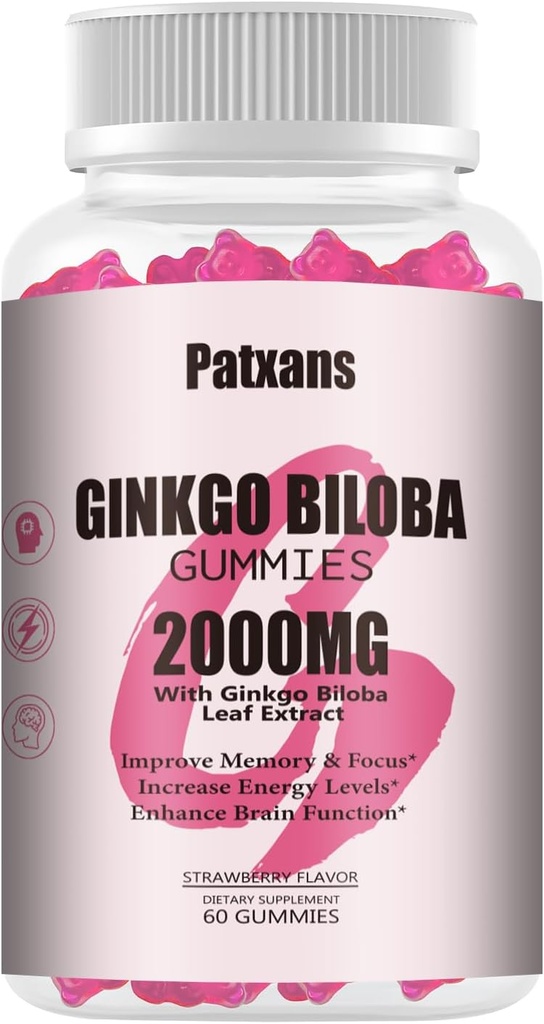 1 パック 2000 mg のイチョウのビロバのグミ - 脳の健康サポートのためのイチョウのビロバの補足、気分および焦点、エネルギー、大人、いちごの味、60 の計算を改良して下さい
