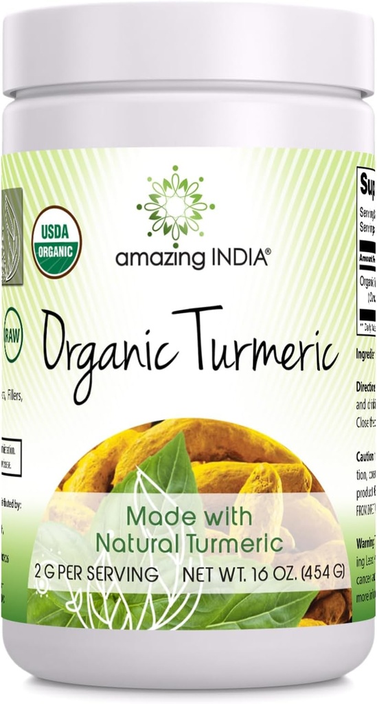 Amazing India USDA Certified Organic Turmeric Powder 16 Oz (1 Lb) Supplement | Non-GMO | Gluten Free | Made in USA