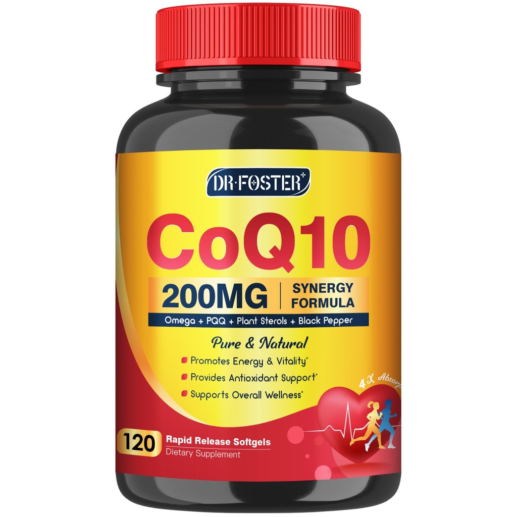 CoQ10 200mg ビタミンE&オメガ3-6 -9&PQQ - バイオペリンによる高吸収酵素Q10 | 最大抗酸化剤 | 心臓支援・細胞エネルギー生産サプリメント | 120 便