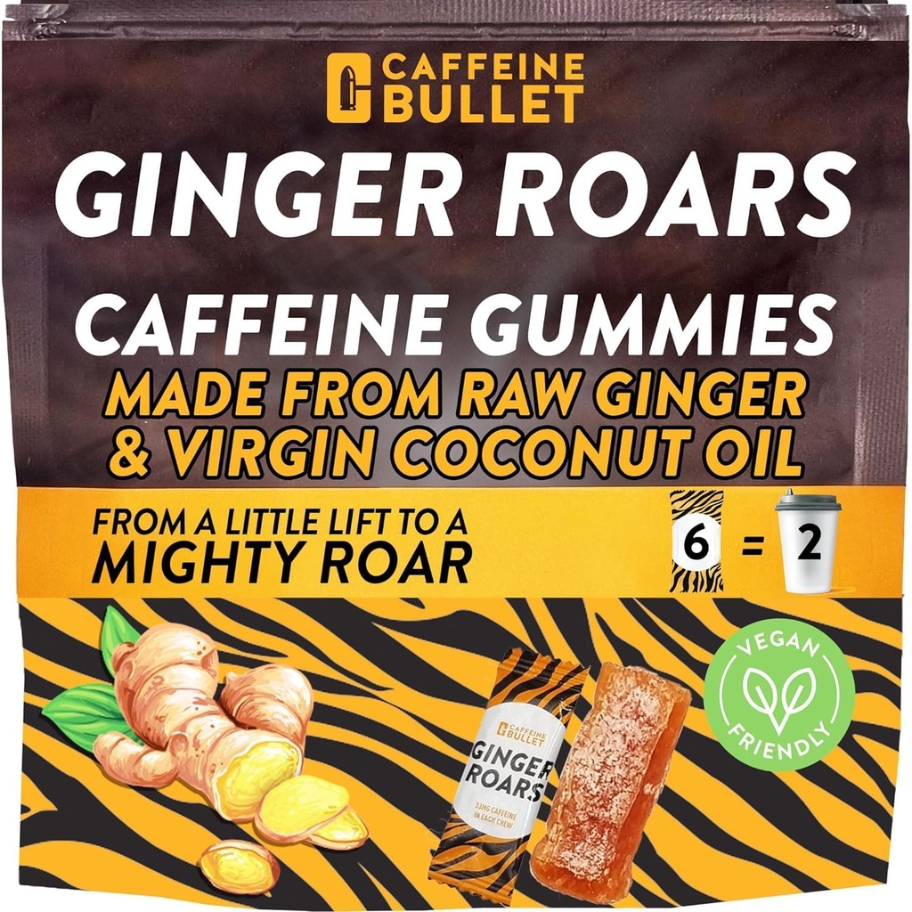 Ginger Roars - Caffeine Ginger Chews - 12 Caffeine Candies 各 33mgカフェイン おいしい ナチュラル 蜂蜜 Ginger Flavour & Fiery ヒント. 植物ベースのエネルギーショット, 大人のためのビーガンヘルシースナック.