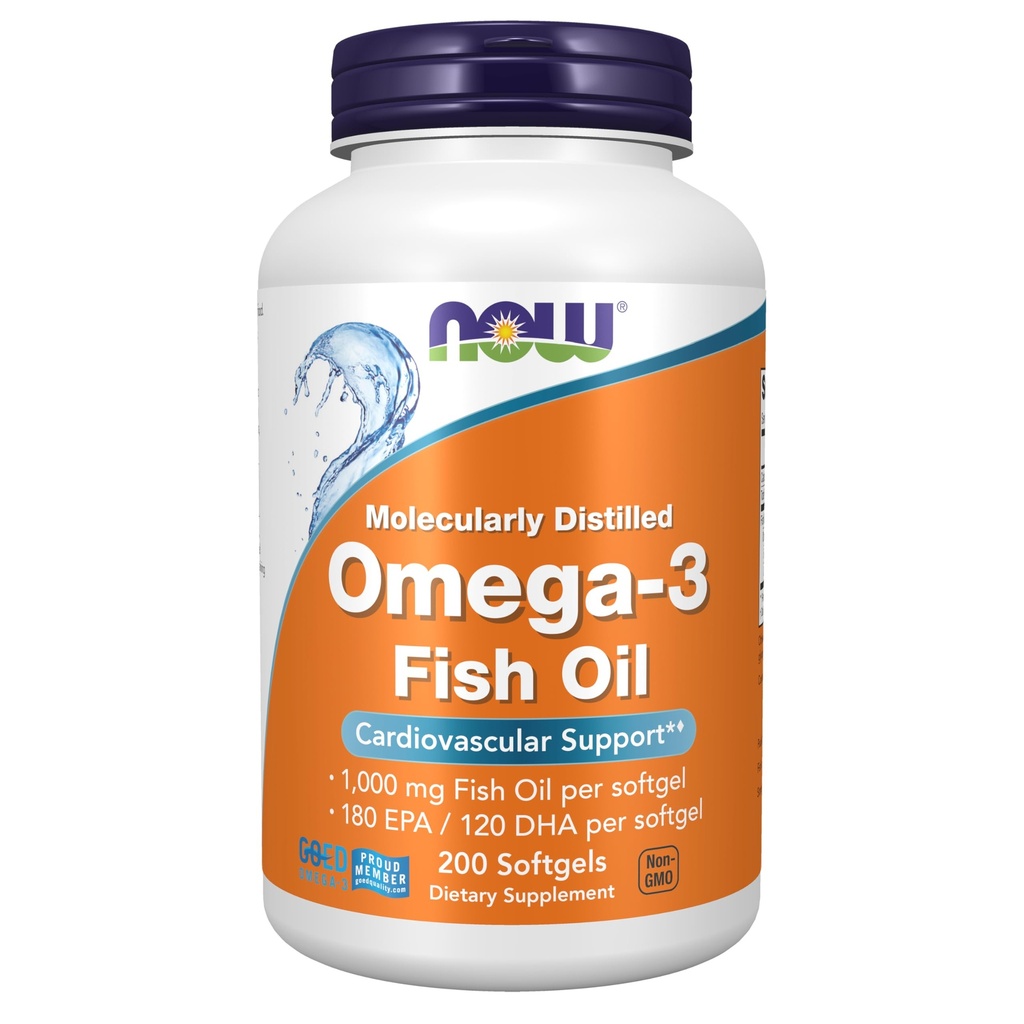 NOWフーズサプリメント、オメガ-3 180 EPA / 120 DHA、分子蒸留、心血管サポート*、200 Softgels