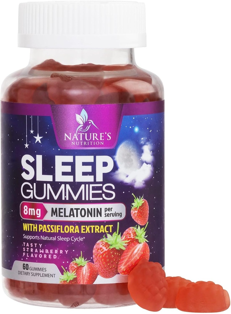 大人のための眠るガミー 余分な強さ8mg - 残りの眠りのためのパッシフローラ抽出物とメラトニン - 速い代理のメラトニン睡眠ガミーサプリメント、ビーガン、非GMO、おいしいイチゴ味 - 60グミ