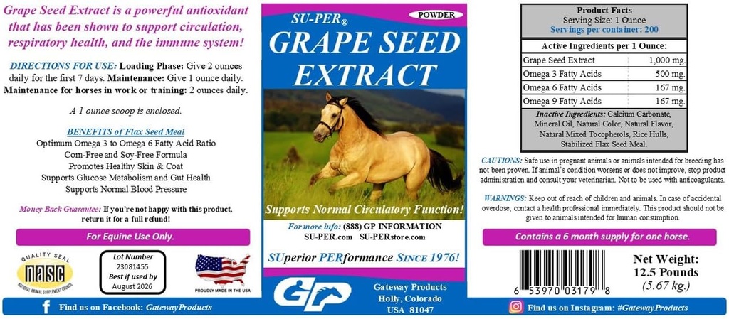 SU-PER Grape Seed Extract Horse Antioxidant - Equine Antioxidant Supplement for Performance Horses - Supports Circulation Respiratory Health & Immune System - 12.5 Pounds, 6 Month Supply