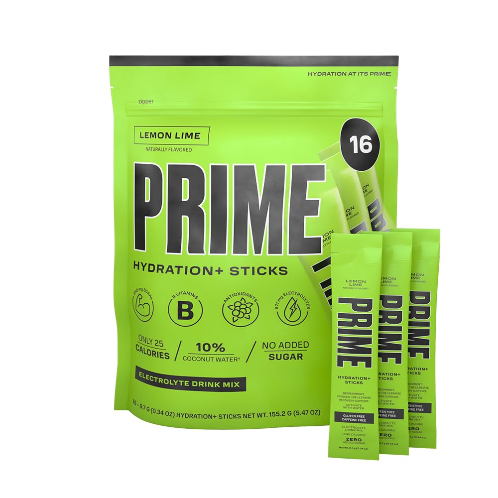 PRIME HYDRATION+ スティック レモンライム | 水分補給パウダー シングル サーブスティック | 電解質パウダー オン ゴー | 低糖 | カフェインフリー | ヴィーガン | 16 スティック