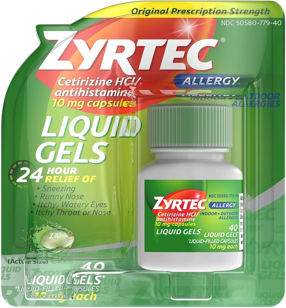 Zyrtec 24 時間屋内及び屋外のアレルギーの液体ゲル、Cetirizineの塩酸塩が付いているAntihistamineのカプセルは一日のアレルギー救助、40 の ct (パック 2)を解放します