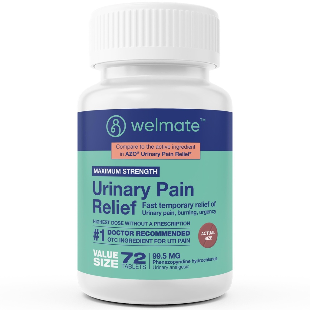 WELMATE - 尿道の痛みの軽減(72錠) - Phenazopyridine Hydrochloride 99.5mg - 尿道の痛み、緊急性、および不快感 - 最大強度 - 市販薬