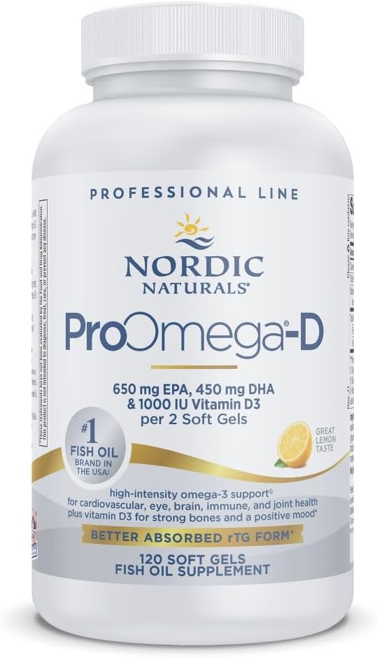 Nordic Naturals ProOmega-D、レモンフレーバー - 120 ソフトジェル - 1280 mg Omega-3 + 1000 IU D3 - 高機能魚油 - EPA&DHA - 脳、目、心臓、免疫の健康 - Non-GMO - 60 サービング