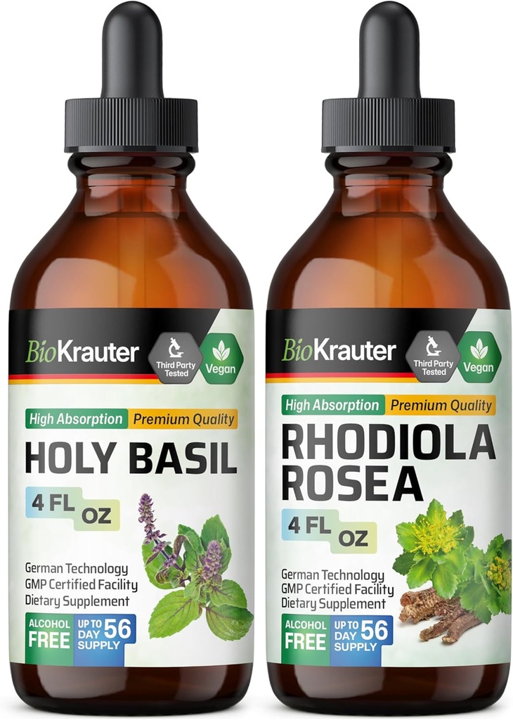 BIO KRAUTER Holy Basil Tincture 4 Fl. Oz. & Rhodiola Rosea Tincture 4 Fl. Oz.