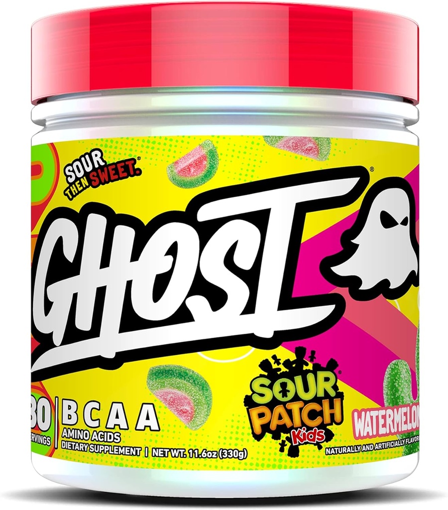 GHOST BCAA Powder Amino Acids Supplement, Sour Patch Kids Watermelon - 30 Servings - Sugar-Free Intra, Post & Pre Workout Amino Powder & Recovery Drink, 7G BCAA