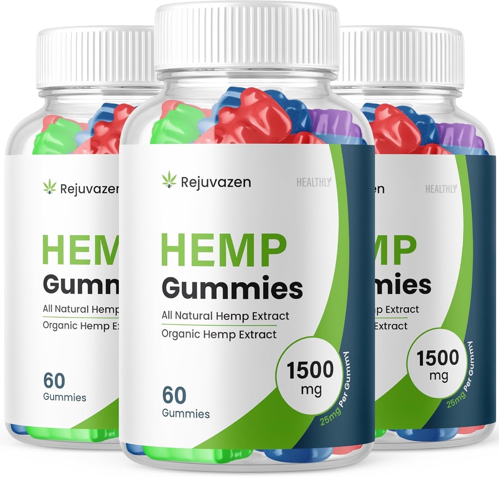 (3 Pack) Rejuvazen Gummies - Official Formula - Rejuvazen Hemp Gummies Blood Pressure Sugar Formula 300mg, Rejuvazen Gummies High Potency Blend Big Size Gummies 25mg Per Gummy 1500mg (180 Gummies)