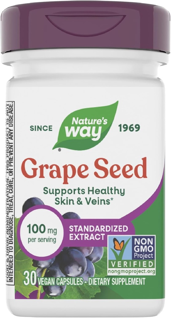 Nature's Way Grape Seed Standardized Extract、健康な皮膚と静脈をサポート*、抗酸化剤サポート*、非GMOプロジェクト検証、30ビーガンカプセル(5月Varyをパッケージング)