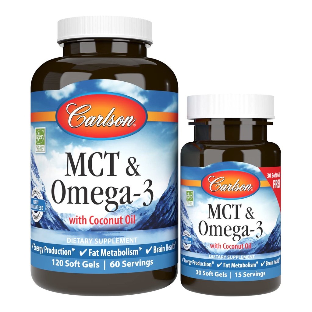 カールソン - MCT&オメガ-3、ココナッツオイル、カプリック&カプリ酸、EPA&DHA、エネルギー生産、脂肪代謝&脳の健康、120 + 30ソフトゲル