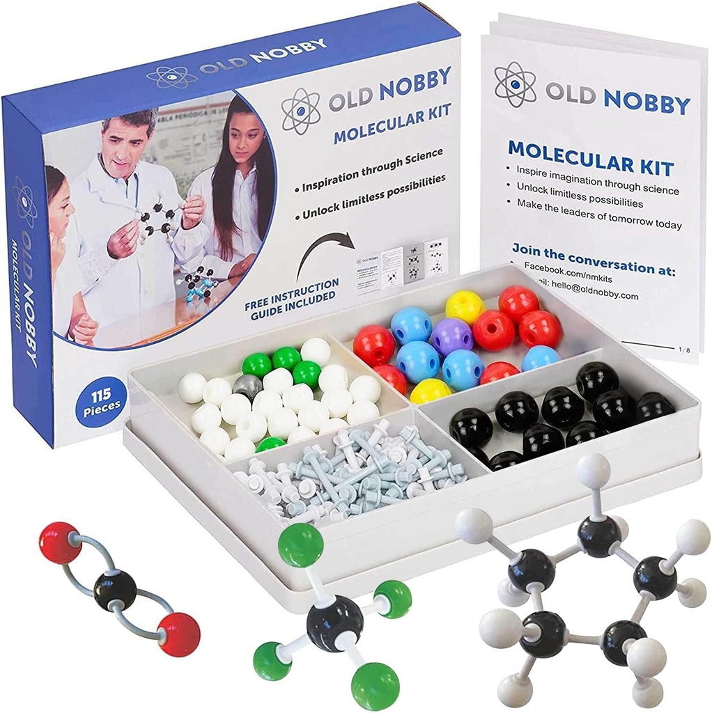 古いNobby化学モデルキット - 115ピース分子モデルセットには、原子、ボンド、指示ガイド - 学生のためのSTEMサイエンスツール、有機化学、分子学習 - カラフルなモデル