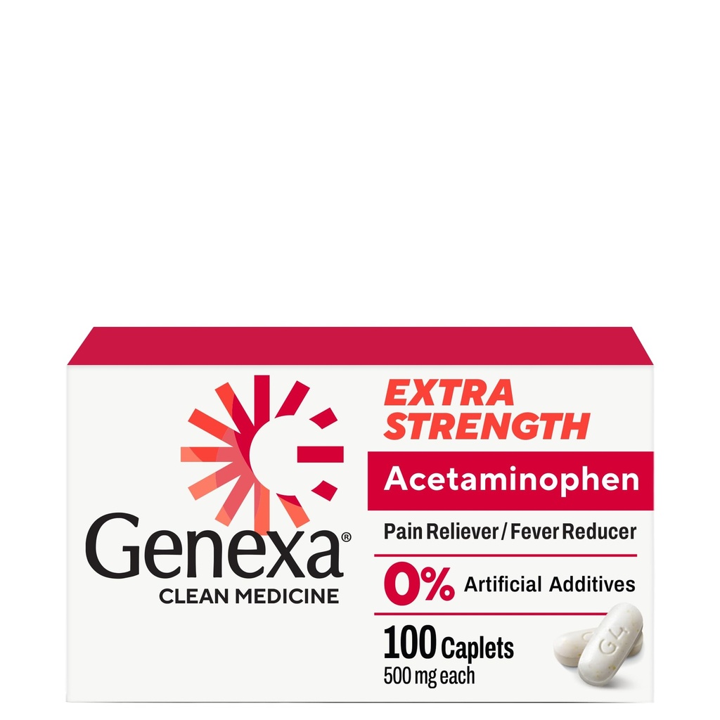 Genexaのきれいなアセトアミノフェン500mgの余分強さ、染料の自由な苦痛Relieverの熱心な減力剤、0%の人工的な添加物、大人のための痛みの薬、頭痛、腰痛、マイナー関節炎の苦痛、100のタブレットを取り除きます