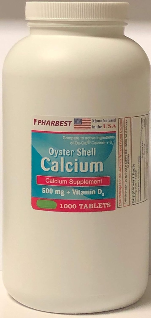 オイスターシェルカルシウム500mg +ビタミンDサプリメント - 1,000 タブレット