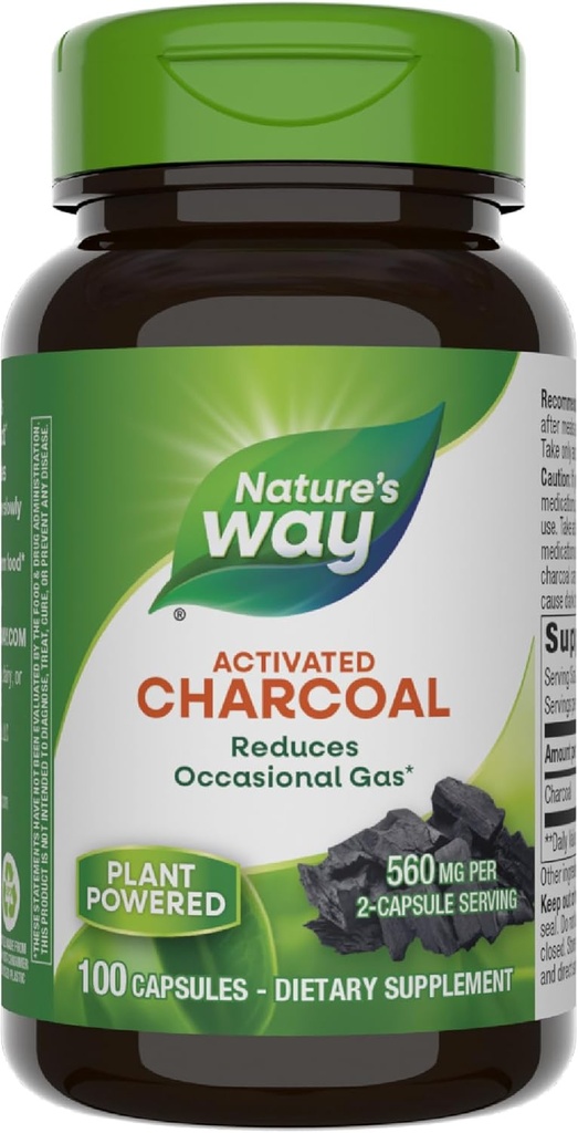 Nature's Way Activated Charcoal, Binds Unwanted Materials and Gas in Digestive Tract*, 560 mg / 2-Capsule サービング, 100 カプセル (パッケージ 5 月 Vary)