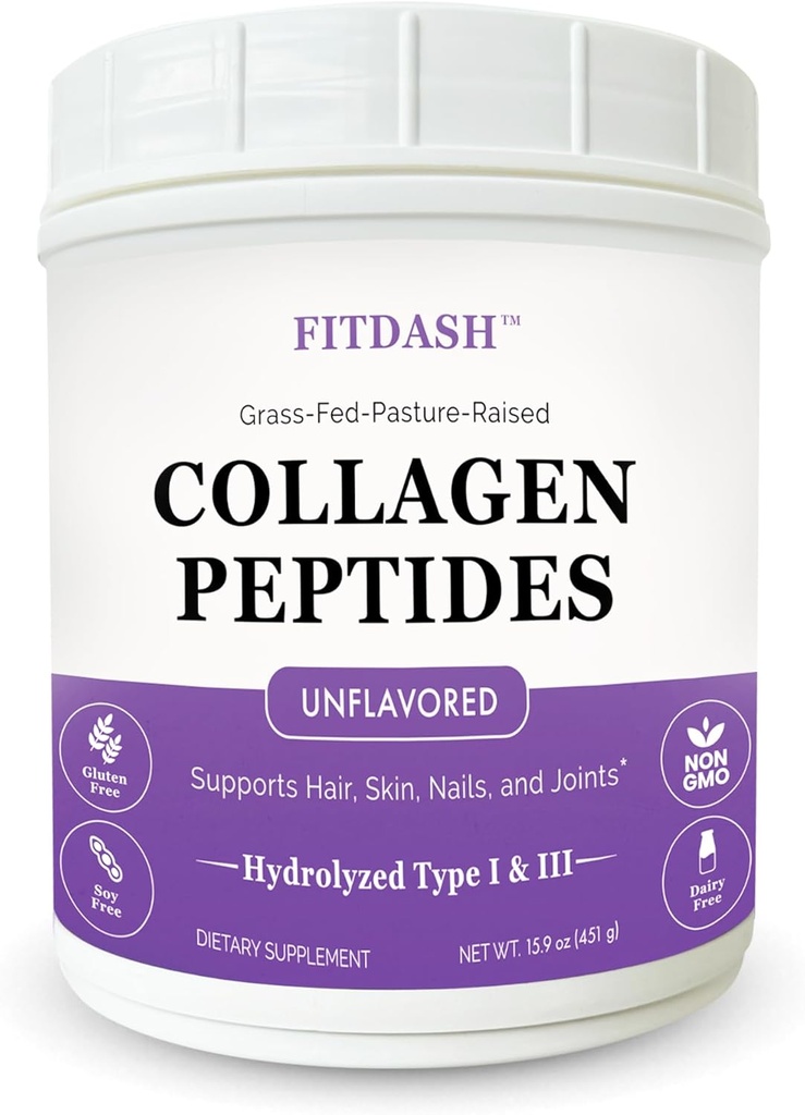 Collagen Peptides Hydrolyzed Collagen Powder Type I and III, Supports Hair, Nails, and Joints. Unflavored 41 Servings 15.9 Oz. Grass-Fed Pastured-Raised.