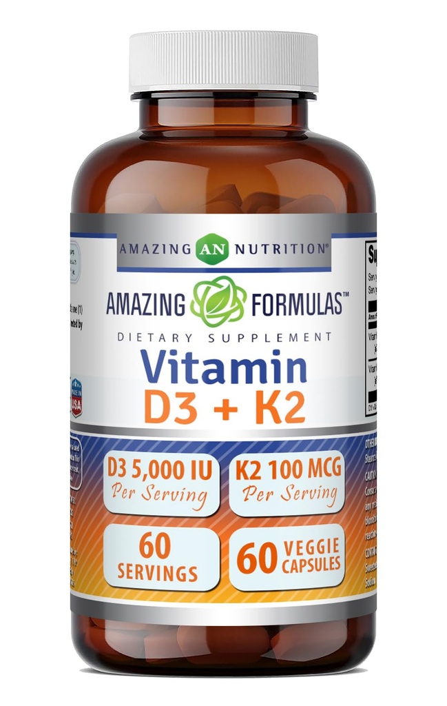 アメイジングフォーミュラビタミンD3 5000 IUとビタミンK2 100 mcg | D3 + K2コンプレックスサプリメント | ベジギーカプセル | 非GMO | グルテンフリー | アメリカ製 (60 カウント)