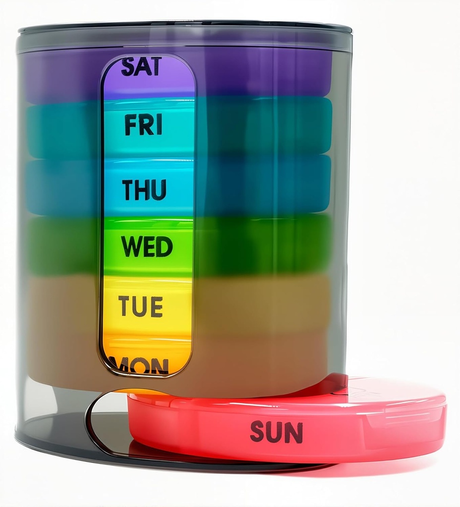 Weekly Pill Organizer (Twice-A-Day), Portable 7 Day Pill Box Case with Stackable AM/PM Compartments for Pills, Vitamin, Fish Oil, Supplements,Rainbow (Rainbow)