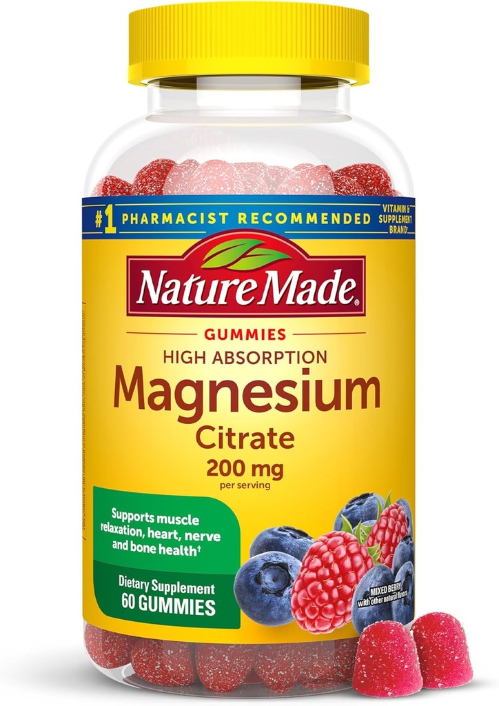 Nature Made High Absorption Magnesium Citrate 200 mg per serving, Magnesium Supplement for Muscle, Nerve, Bone and Heart Support, 60 Magnesium Gummies, 30 Day Supply