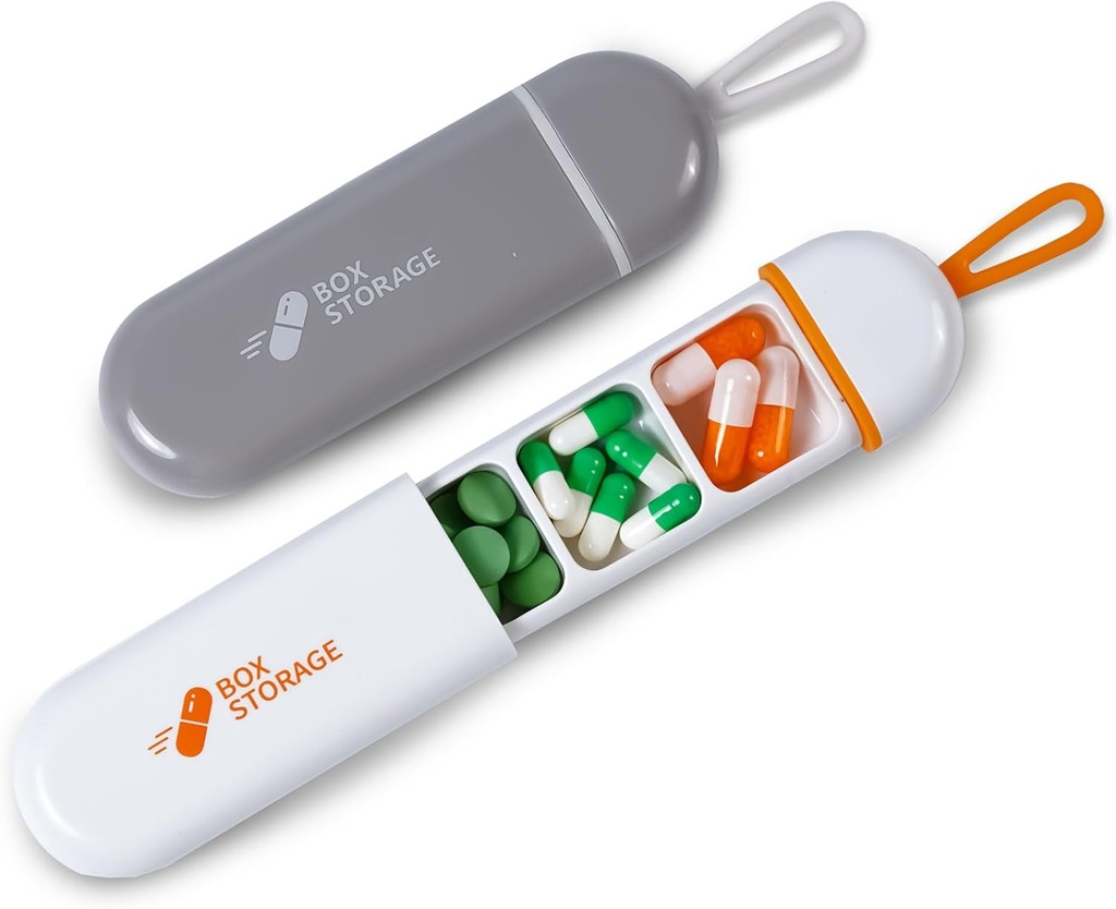 旅行丸薬のオルガナイザー、小型丸薬の箱3のコンパートメントの携帯用丸薬の箱、人の満ちるビタミンのための防水薬物の魚油の補足(白い/灰色)