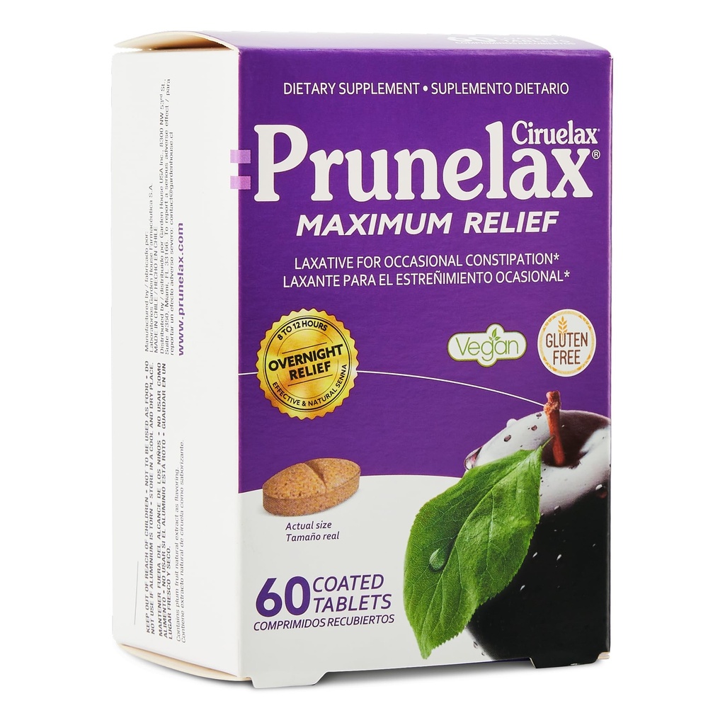 Prunelax Ciruelaxの最大リリーフラキサーティブタブレットと自然セナ便秘、セナエキス、ビーガン&グルテンフリー、穏やかな一晩救済 - 60ct