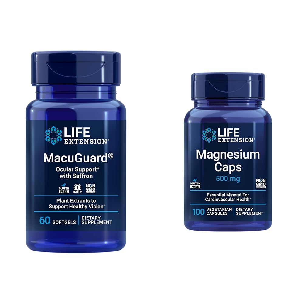 マグネシウムのカプセル500mg - ルテイン、ゼアキサンチン、Meso-zeaxanthinおよび健康な視野のためのサフラン - 60のSoftgelsおよび100のベジタリアンのカプセルが付いているライフ エクステンションMacuGuardの目の健康の補足