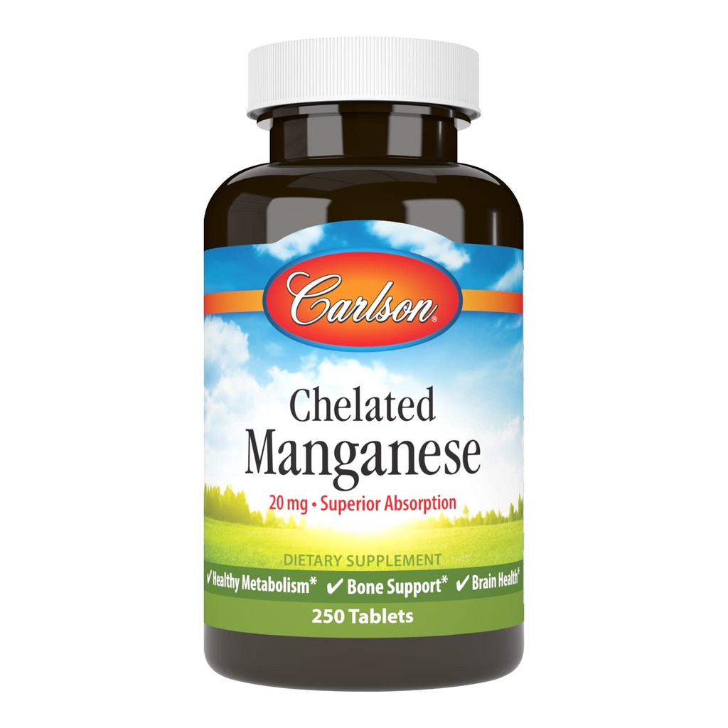 Carlson - Chelatedマンガン、20mg - 優れた吸収性、健康な代謝、骨サポート&脳の健康、250錠
