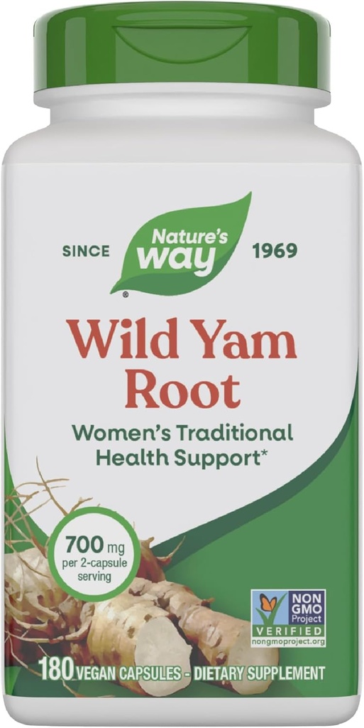 Nature's Way Wild Yam Root, Women's Traditional Health Support*, 700 mg per 2-Capsule Serving, Non-GMO Project Verified, 180 Vegan Capsules (Packaging May Vary)
