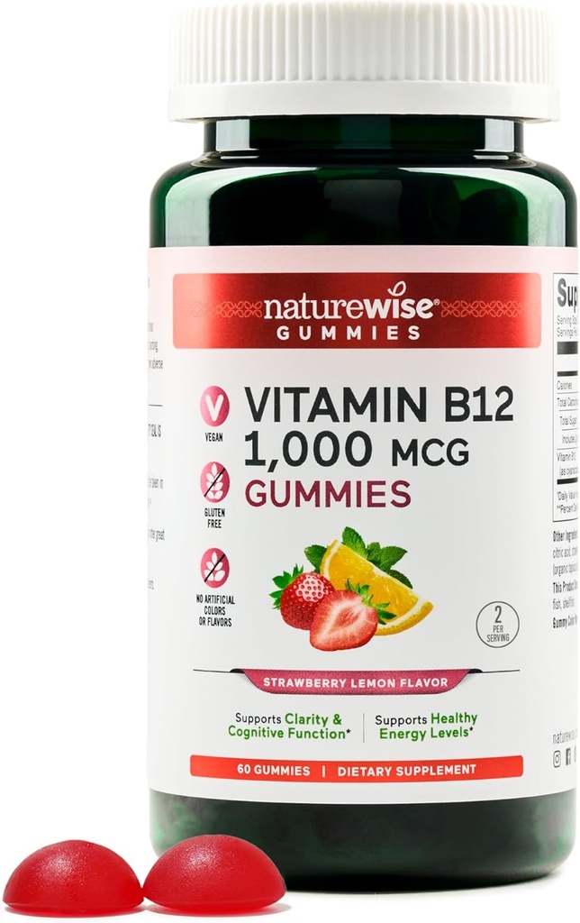 NatureWiseビタミンB12大人のためのグミー、1000 mcg - イチゴレモンフレーバー - 毎日エネルギー、精神的な明快さ、認知機能をサポートしています - ビーガン、グルテンフリー、非GMO - 60カウント[1ヶ月の供給]