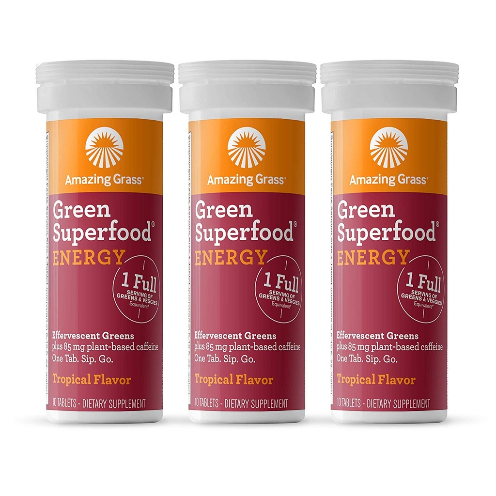 驚くべき草のEffervescentエネルギーのタブレット:緑+緑茶カフェイン、酸化防止剤、Nootropicsサポート、熱帯、10の計算(3)のパック