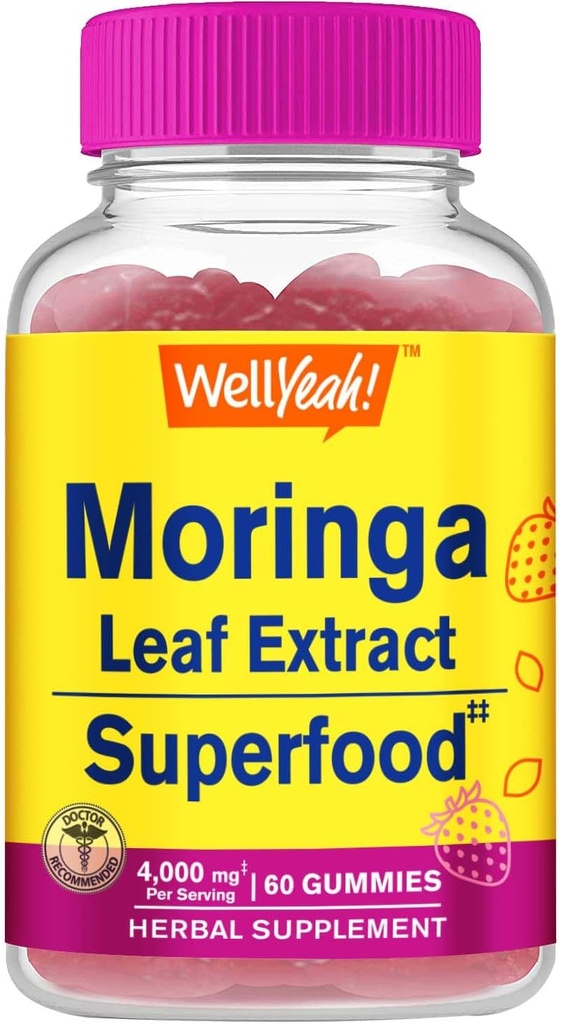 WellYeah Moringa Leaves Extract Gummies(4,000mg) | 抗酸化剤・免疫サポート | グルテンフリー・非GMO | いちご味 | 60 カウント