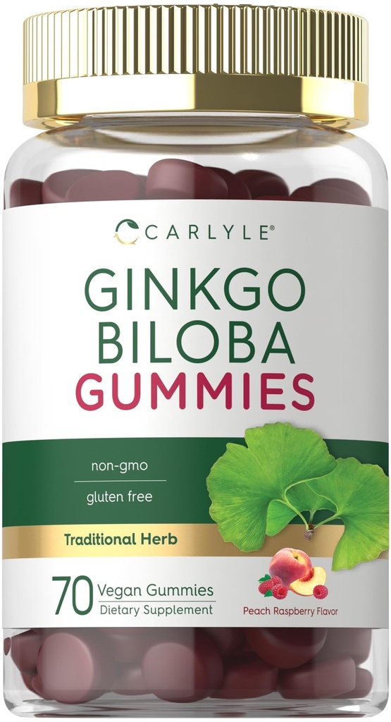 カルライル・ギンチョウ・ビロバ 300mg | 70グミ | 45:1 葉エキス | ピーチ・ラズベリー風味 | ヴィーガン・非GMO・グルテンフリーサプリメント