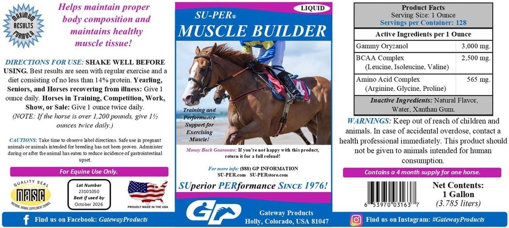 SU-PER筋肉ビルダー馬の補足 - エクササイズ筋肉のためのトレーニングとパフォーマンスサポート - 1ガロン、4ヶ月の供給
