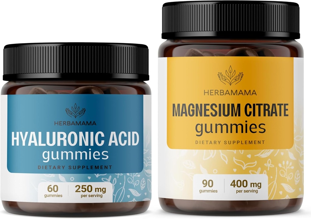 HERBAMAMA の Hyaluronic 酸およびマグネシウムのキット - 250 の mg の Hyaluronic 酸及び 400 の mg のマグネシウムのクエン酸塩のグミ - ビーガン、非 GMO のゼラチンなし - 2 のパック