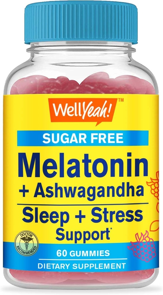 WellYeah Melatonin (2mg) with Ashwagandha (850mg) Sugar Free Gummies - Sleep & Stress Aid Supplement - Chamomile、Lemon Balm、Lavender、Valeian - 天然由来の味 - 60カウント