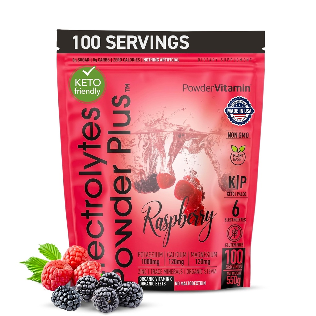 PowderVitamin の電解物の粉のプラス (100 のサービング) ラズベリーの電解物の粉、ゼロ Calorie、Keto、0 砂糖、Maltodextrin、1000mg カリウム、120mg マグネシウム、エネルギー水和の粉無し