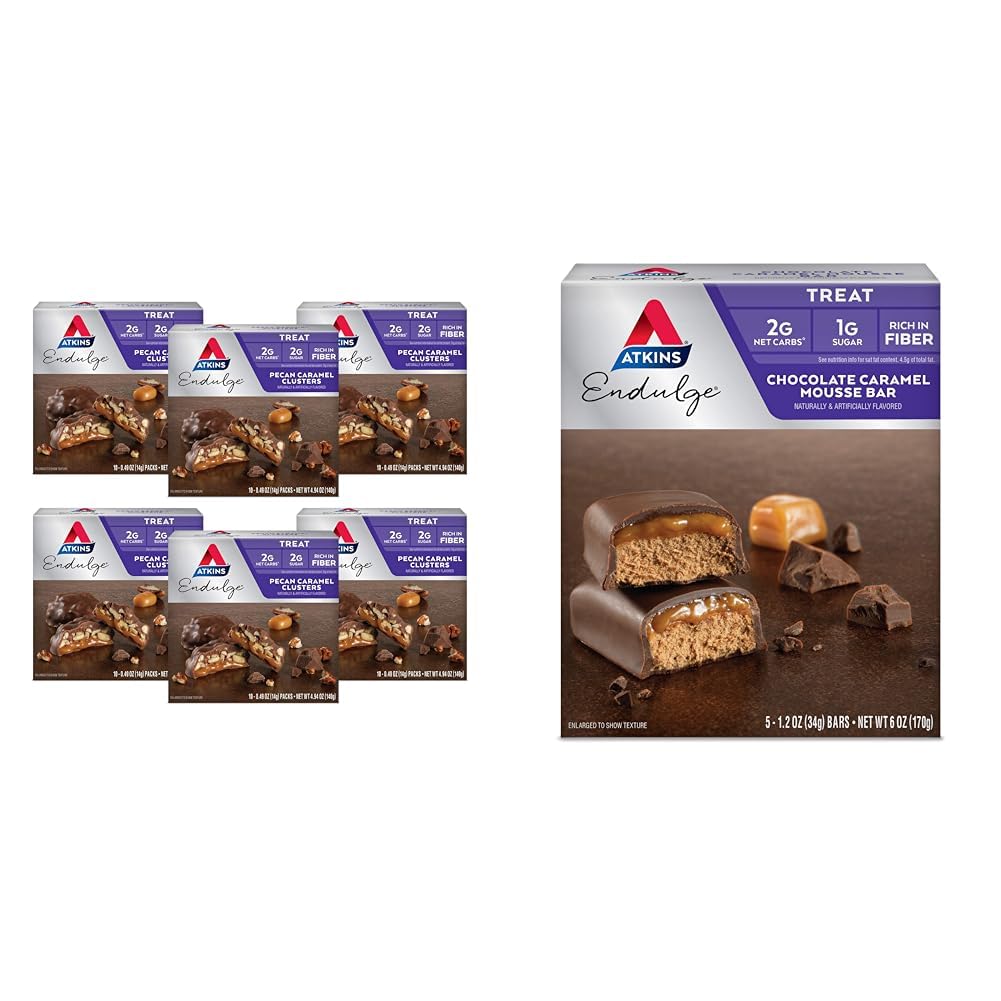 Atkins Pecanキャラメルクラスター、60カウント&チョコレートキャラメルムースバー、5カウント - 低砂糖デザートお気に入り